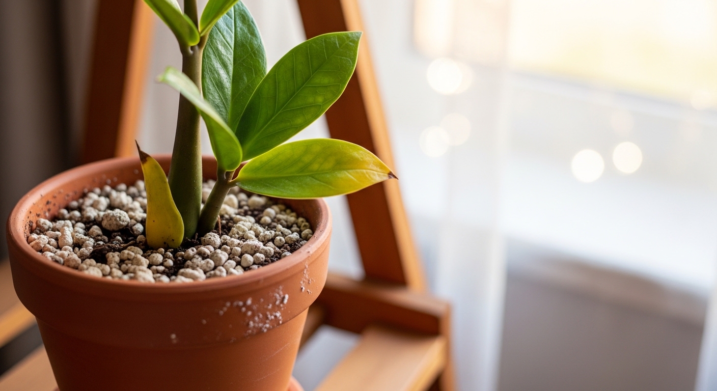 ZZ plant stem cutting in terracotta pot near bright window