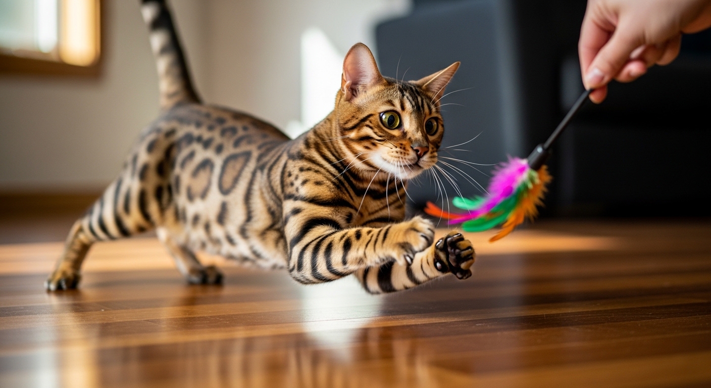 Bengal cat pouncing on feather wand toy indoors