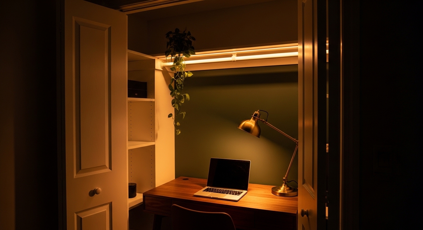 Cozy closet office with warm LED lighting and deep green walls at dusk