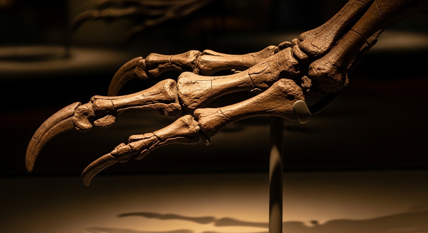 Close-up of T. rex fossil forelimb and claws
