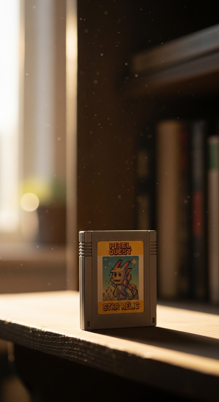 Retro game cartridge on shelf in warm light