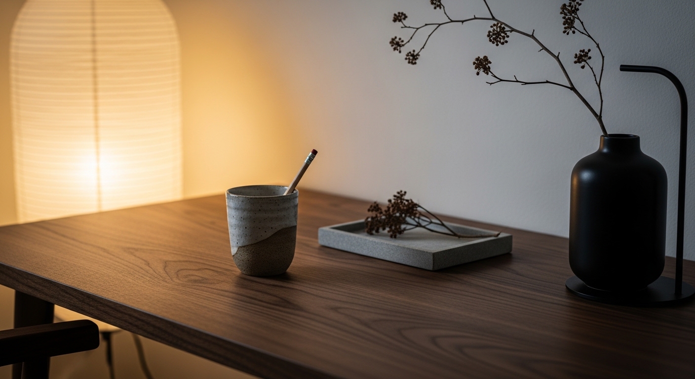 Japandi desk detail with ceramic cup, stone tray, and dried branch