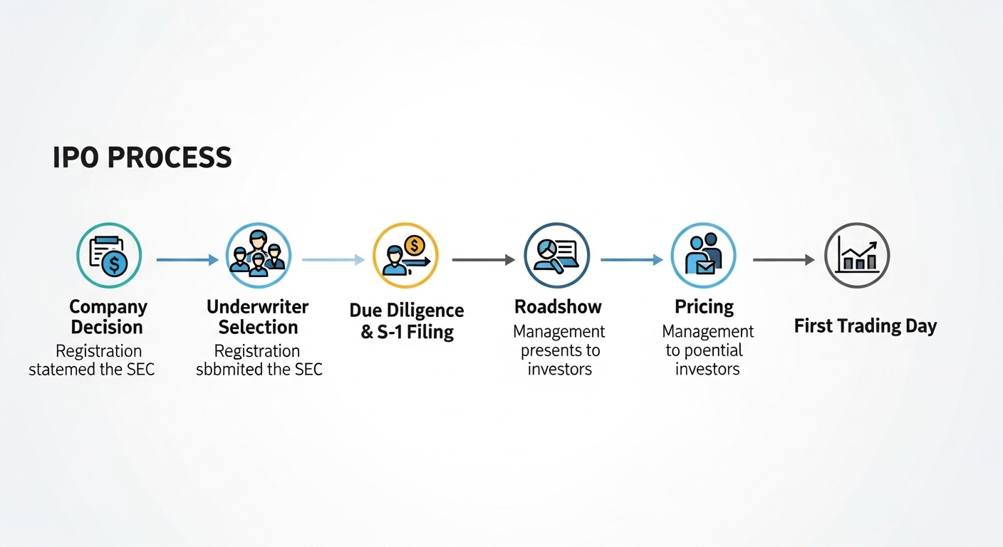 IPO process timeline diagram from filing to trading