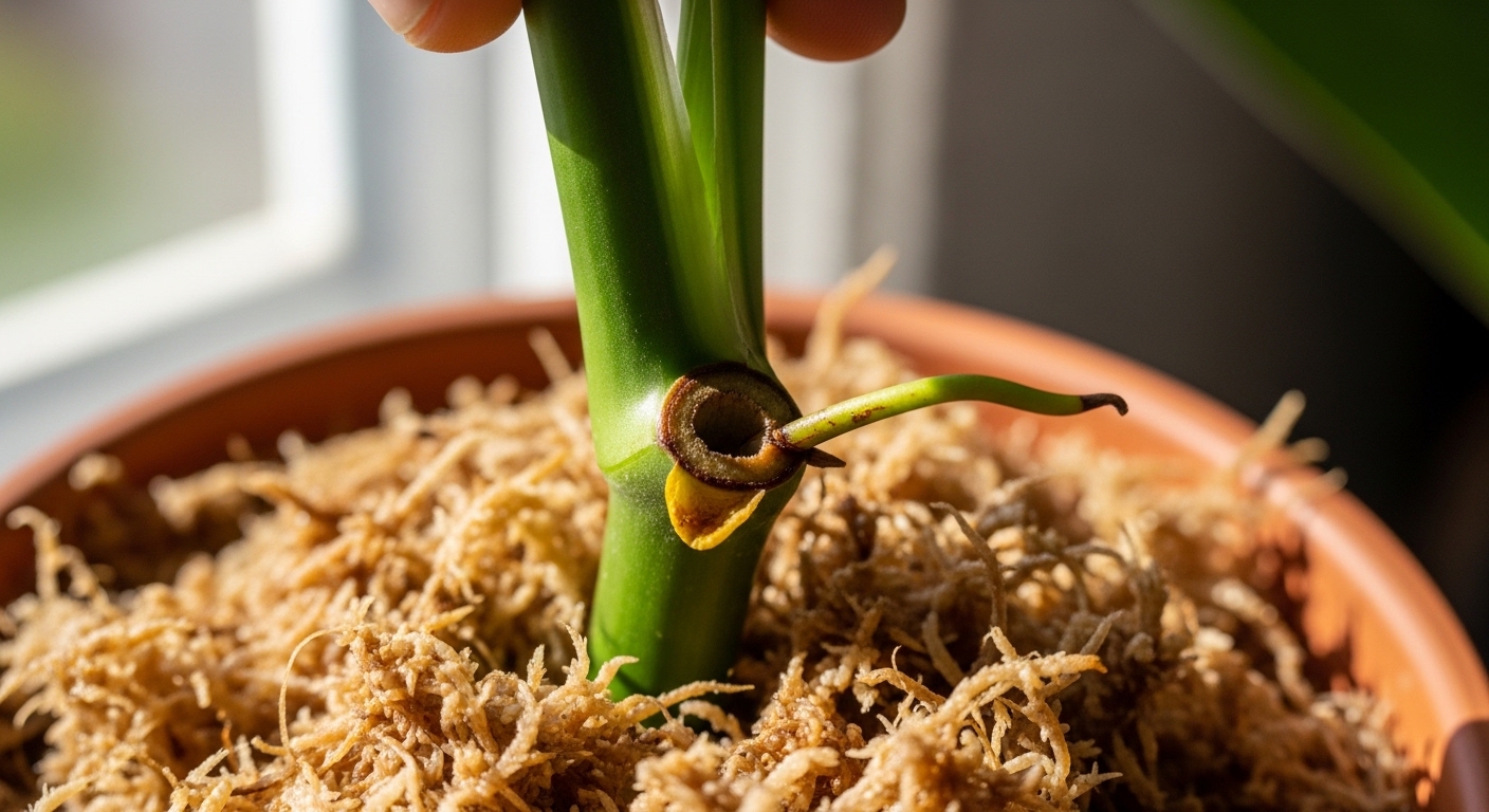 Monstera stem cutting with visible node held above sphagnum moss