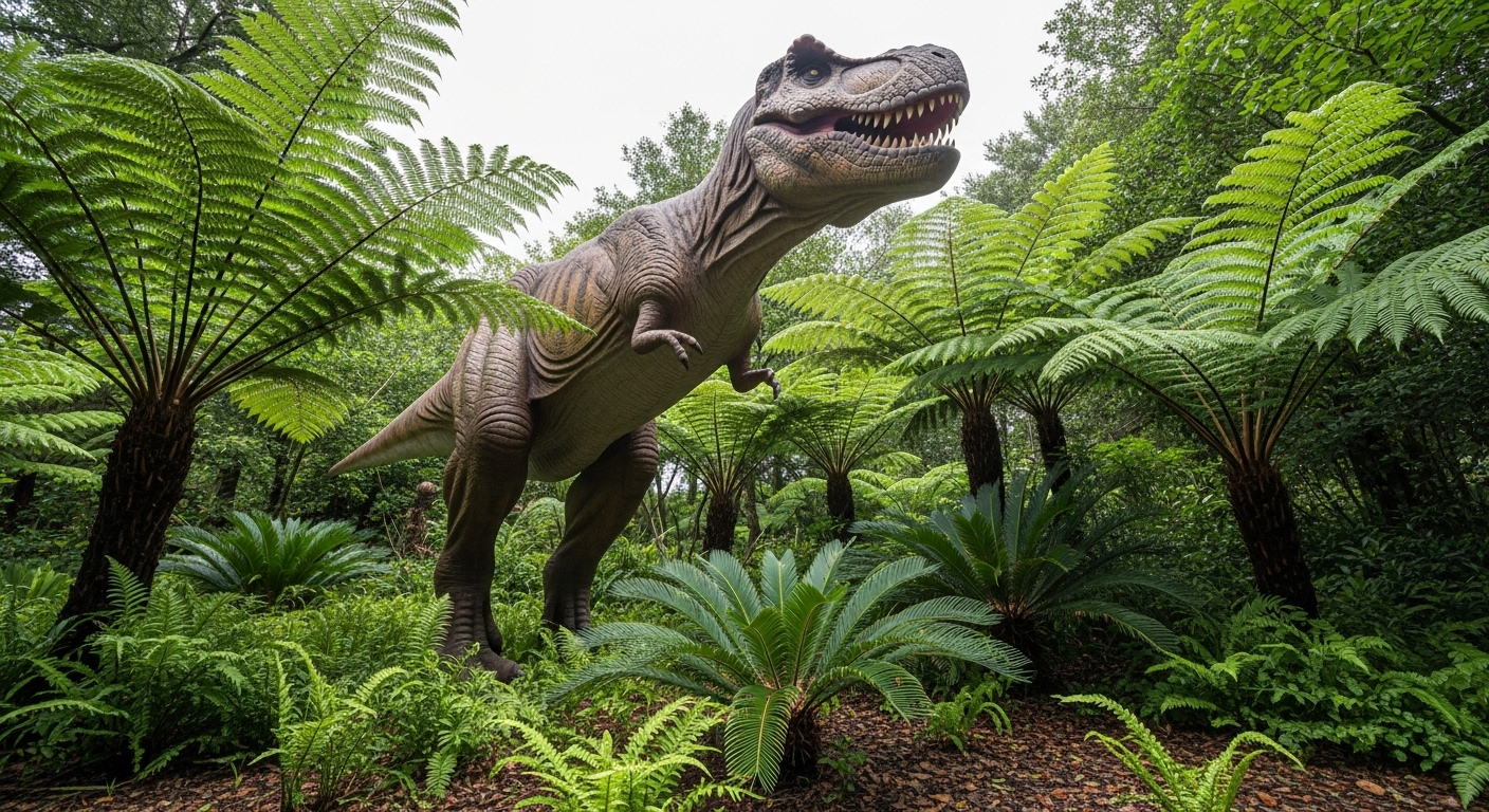 Life-size T. rex model in outdoor park setting