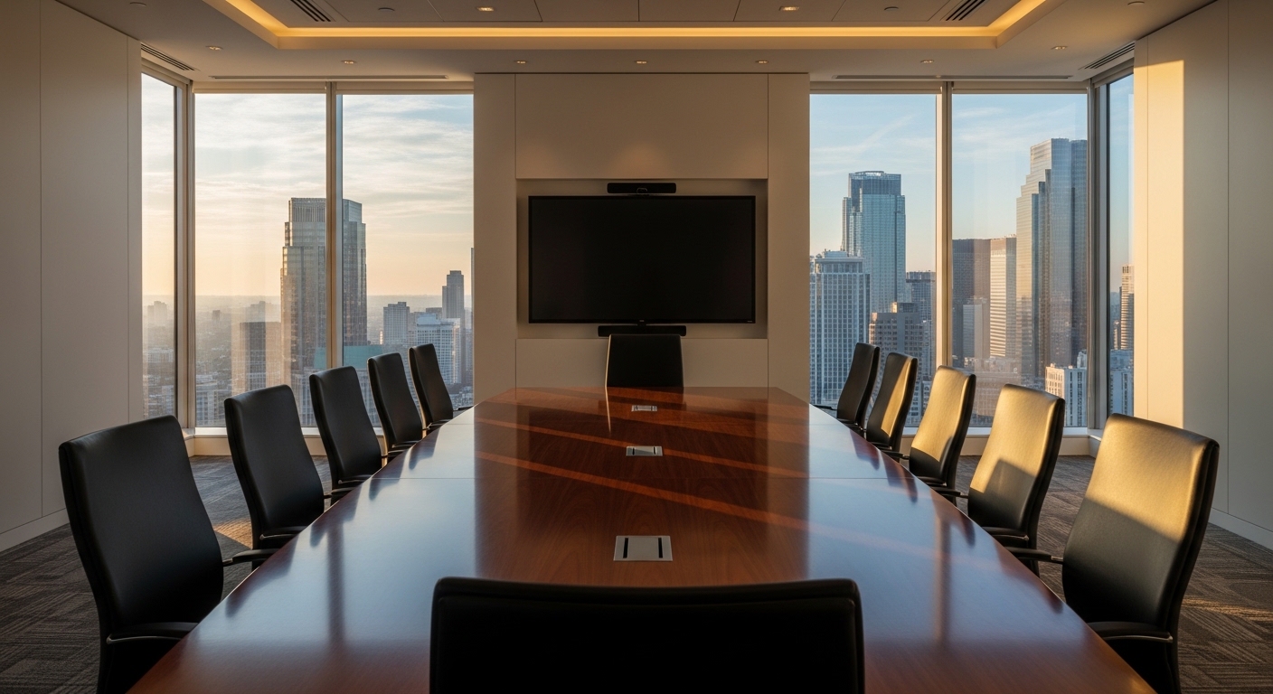 Empty corporate boardroom with city skyline view