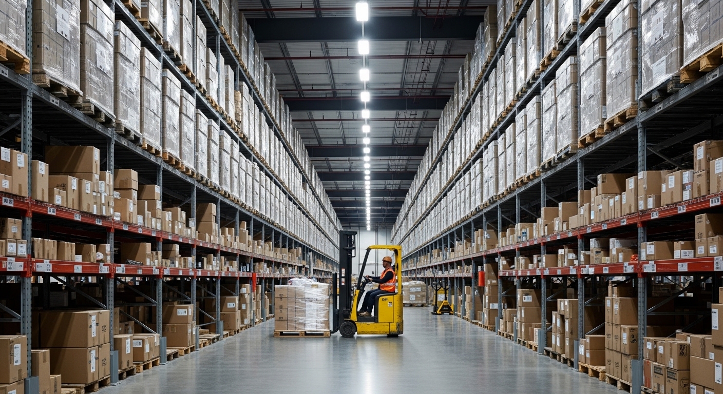 Worker operating forklift inside large warehouse fulfillment center