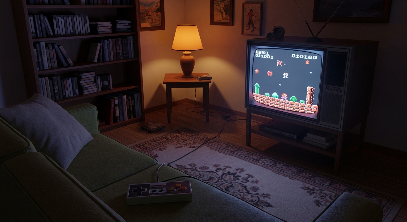 Retro game glowing on CRT TV at night