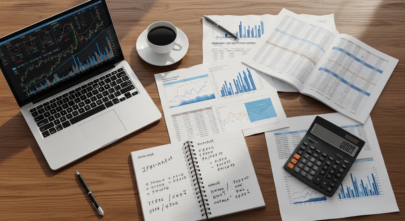 Overhead view of financial analysis desk with reports