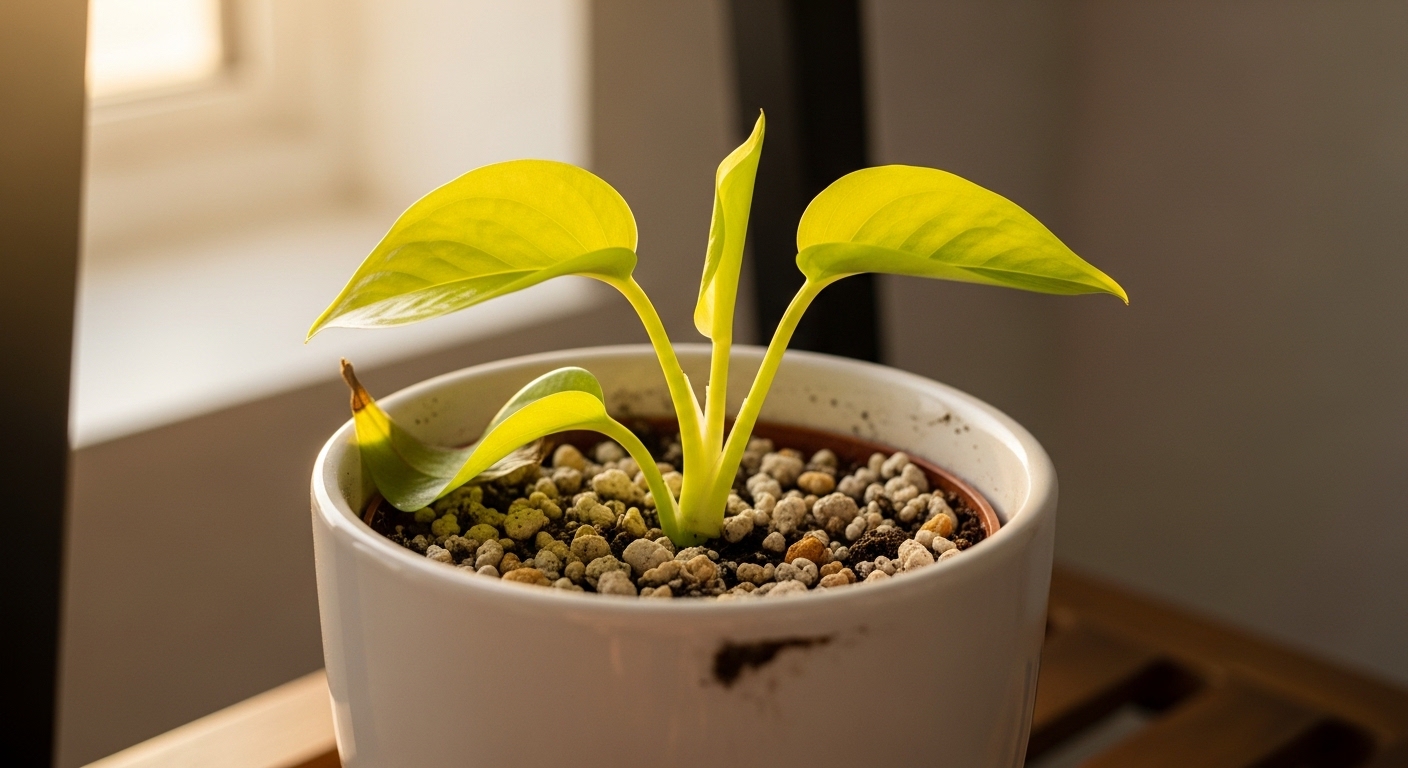 Freshly potted Pothos cutting with new leaves in white ceramic pot