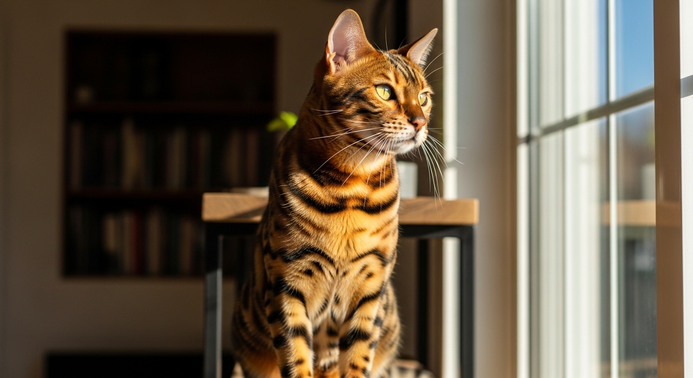 Bengal cat perched on shelf in sunlit home interior