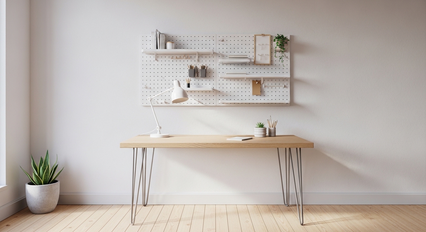 Scandinavian home office with ash desk, pegboard, and natural light