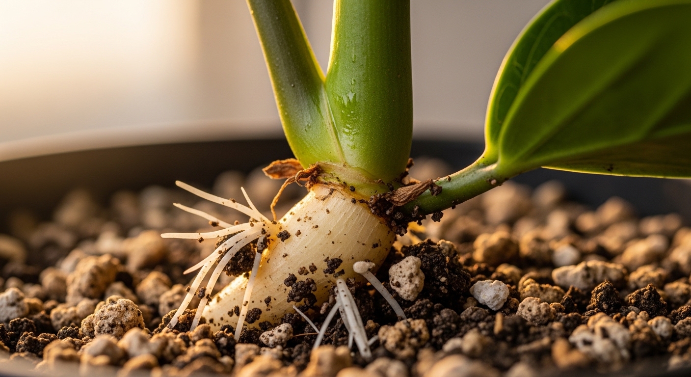 ZZ plant cutting revealing small developing rhizome with white roots