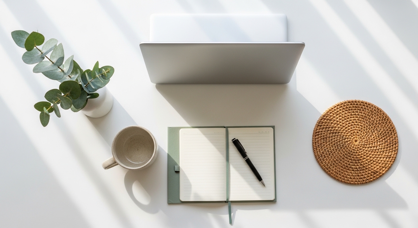Overhead flat lay of minimal home office desk with ceramic mug and notebook