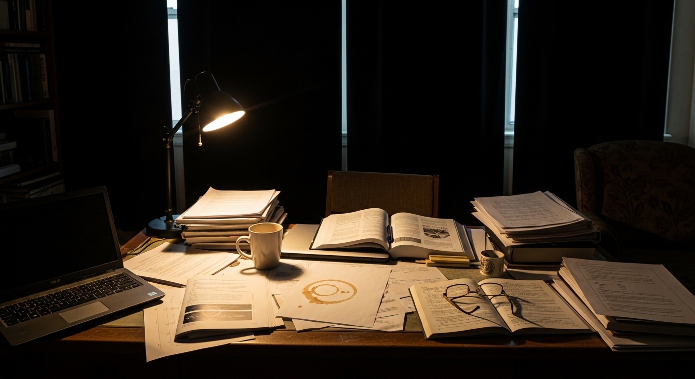 Home office with blackout curtains blocking daytime light