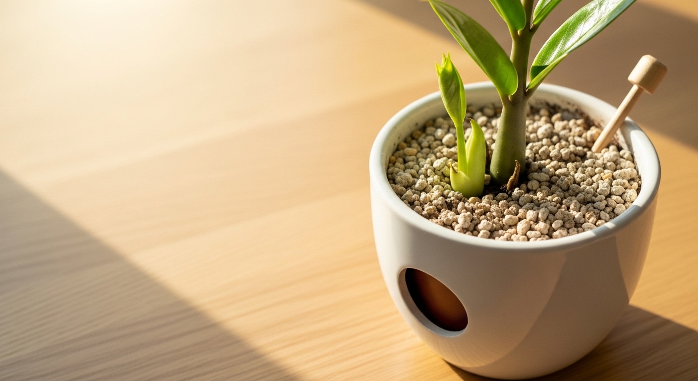 Newly potted ZZ plant with emerging shoot in white ceramic pot
