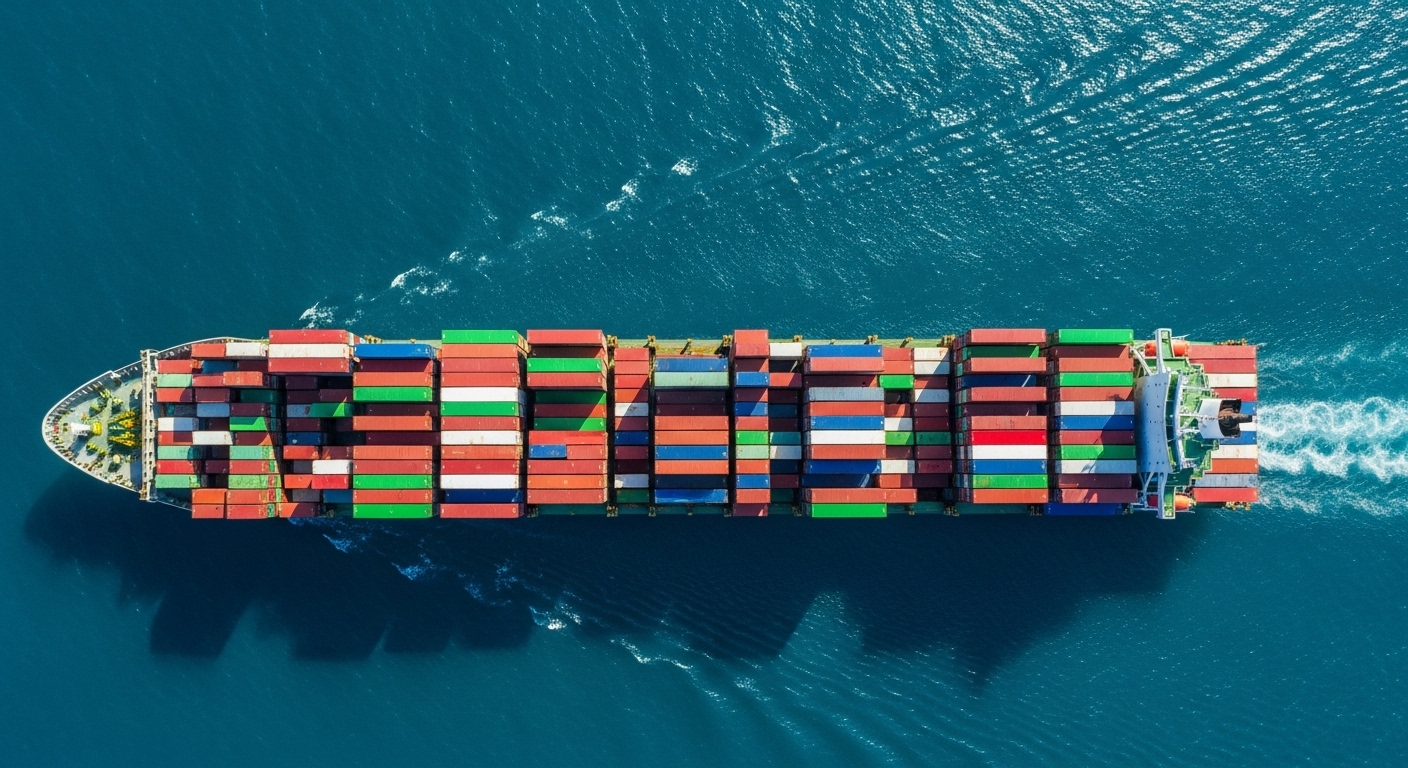 Overhead view of cargo ship loaded with containers at sea