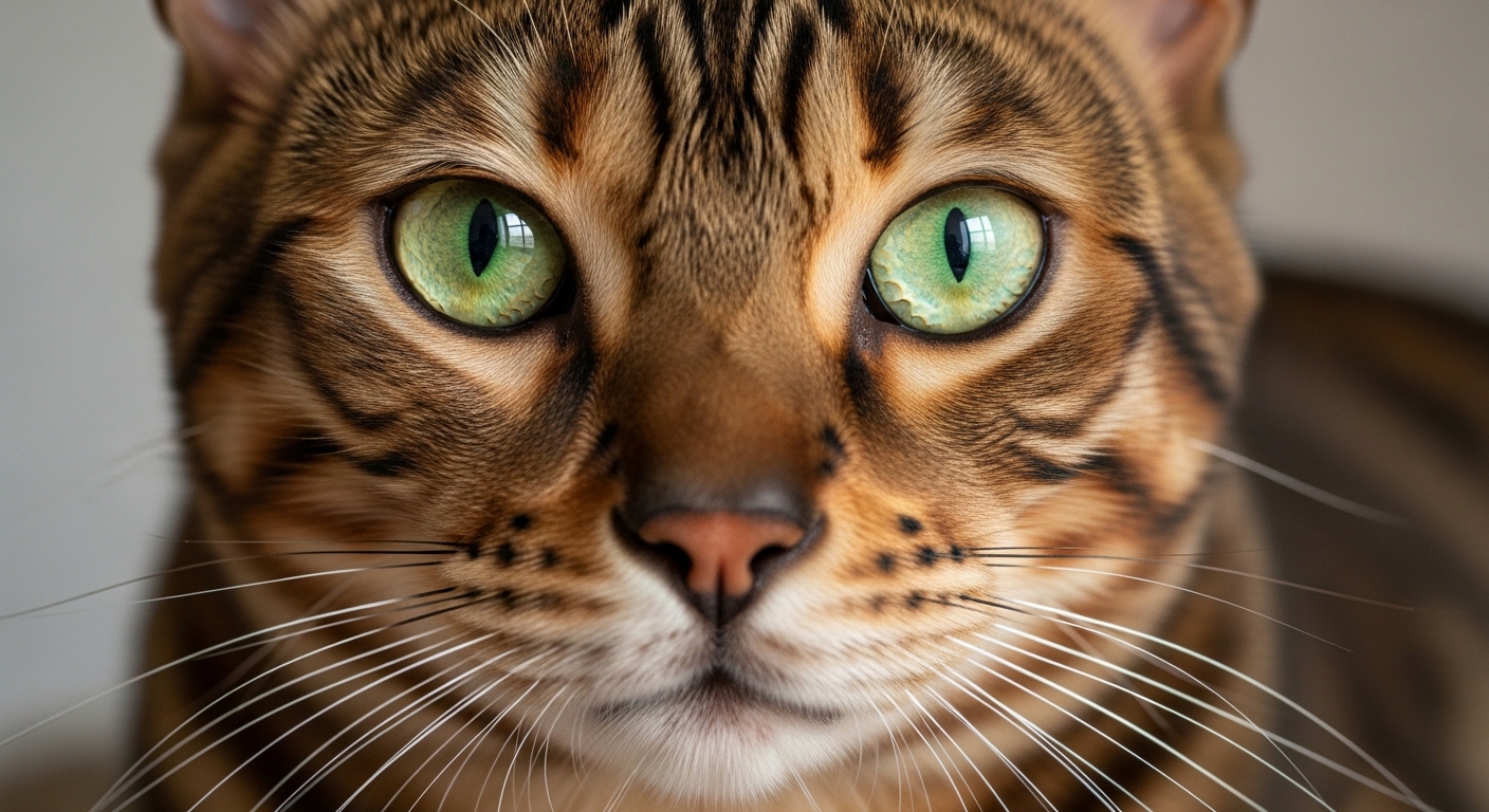 close-up Bengal cat face with rosette markings and green eyes