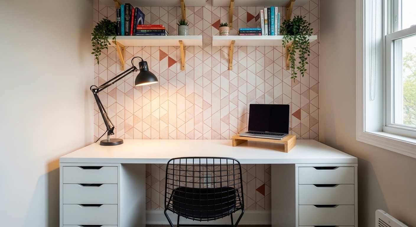 Budget apartment home office with door-blank desk and peel-and-stick wallpaper