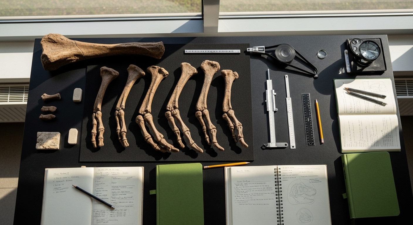 T. rex arm fossils on research table overhead view