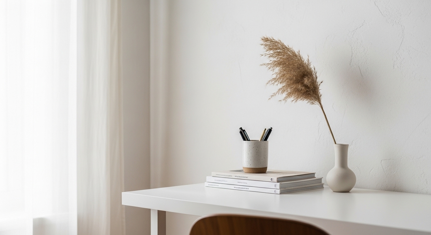 Minimalist desk vignette with ceramic accessories and dried botanicals