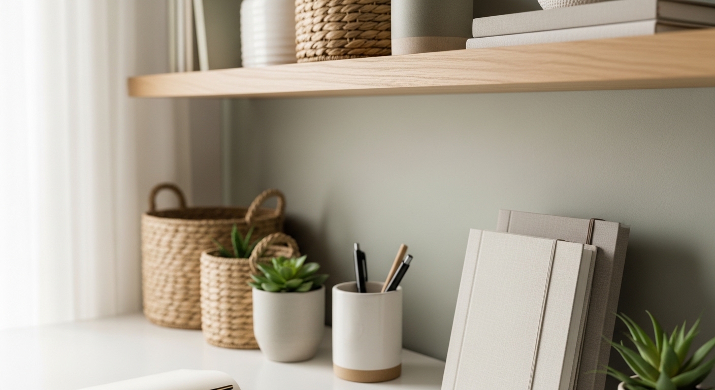 Styled home office desk vignette with oak shelves and woven baskets