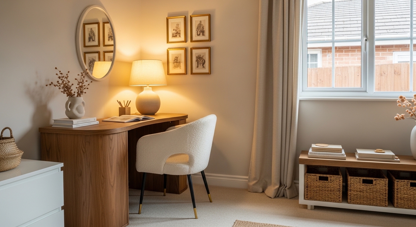 Cozy neutral home office with walnut desk and warm gallery wall
