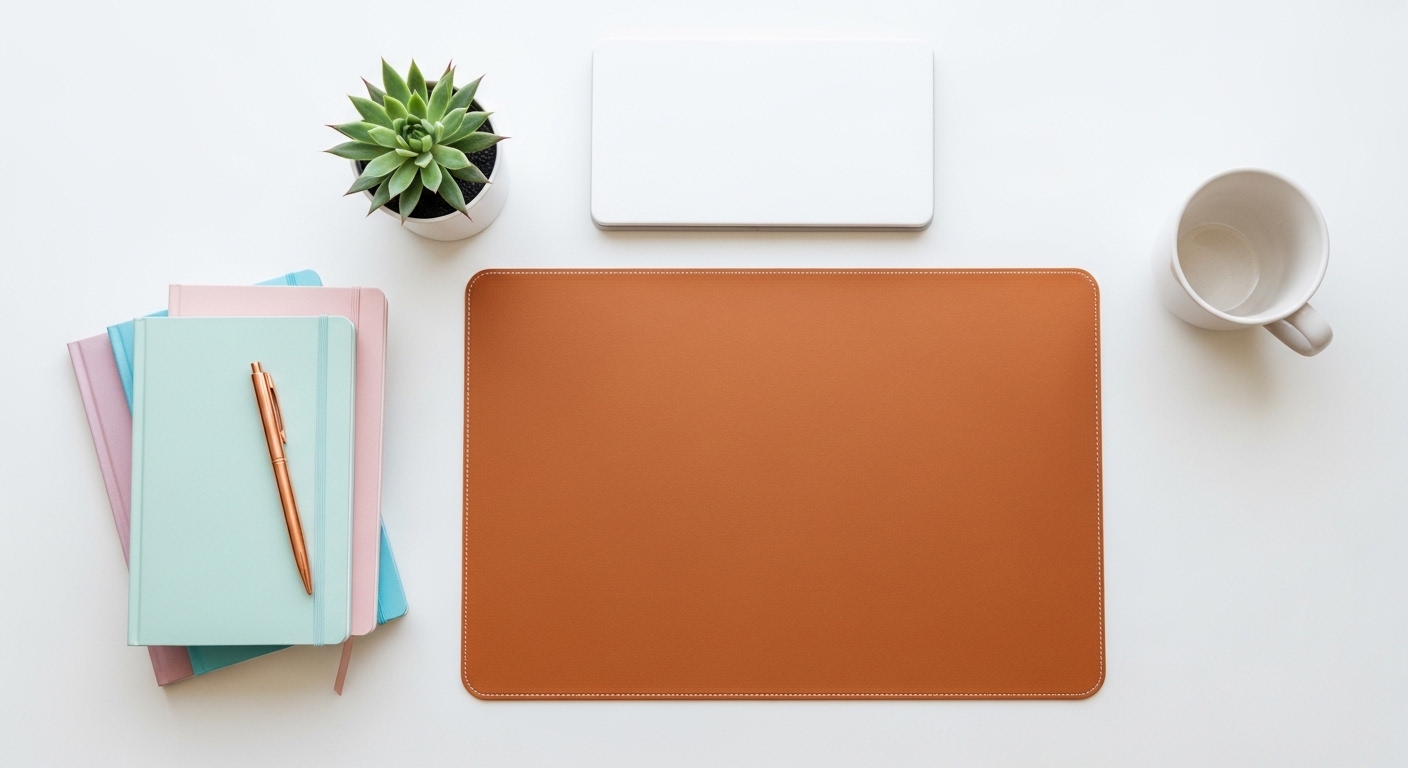 Overhead flat lay of budget home office desk with leather mat and succulents