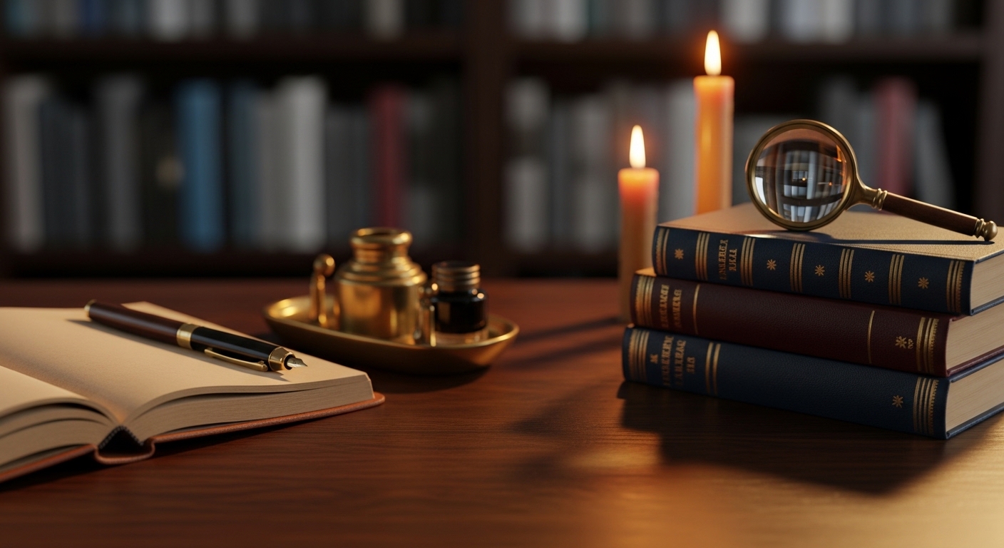 Close-up of dark academia desk with leather journal, brass inkwell, and candlelight