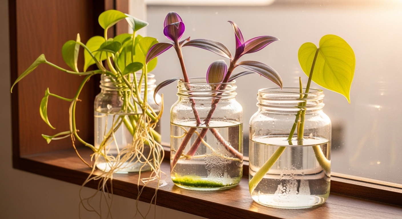 Three glass jars with rooting cuttings on a sunny windowsill