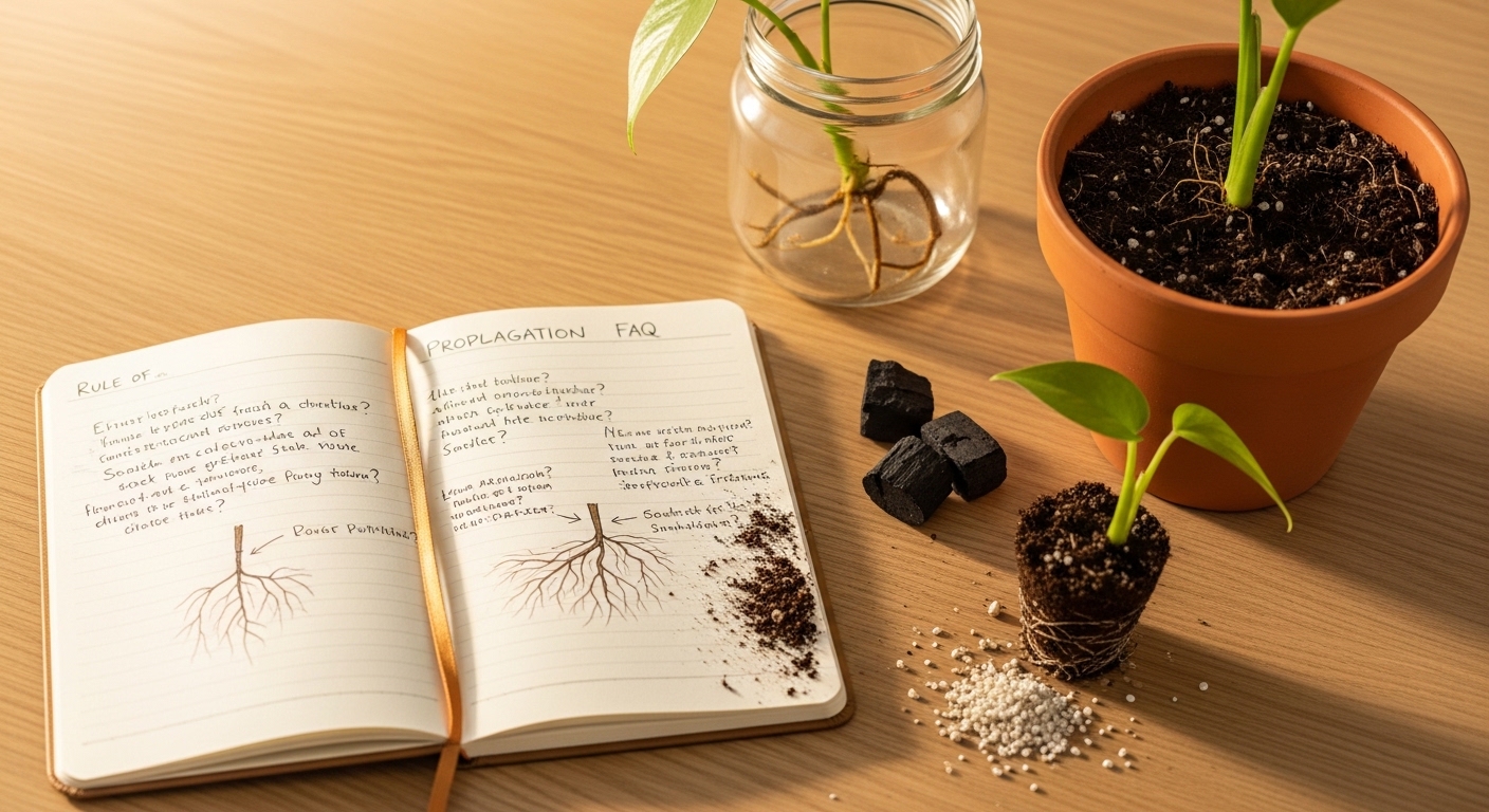 Propagation notes and tools on a wooden surface editorial flat lay