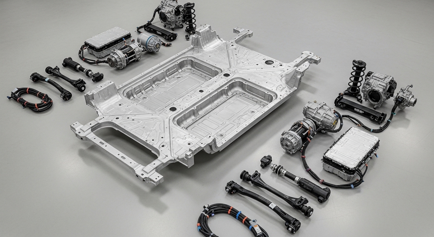 Overhead view of EV megacast underbody in workshop
