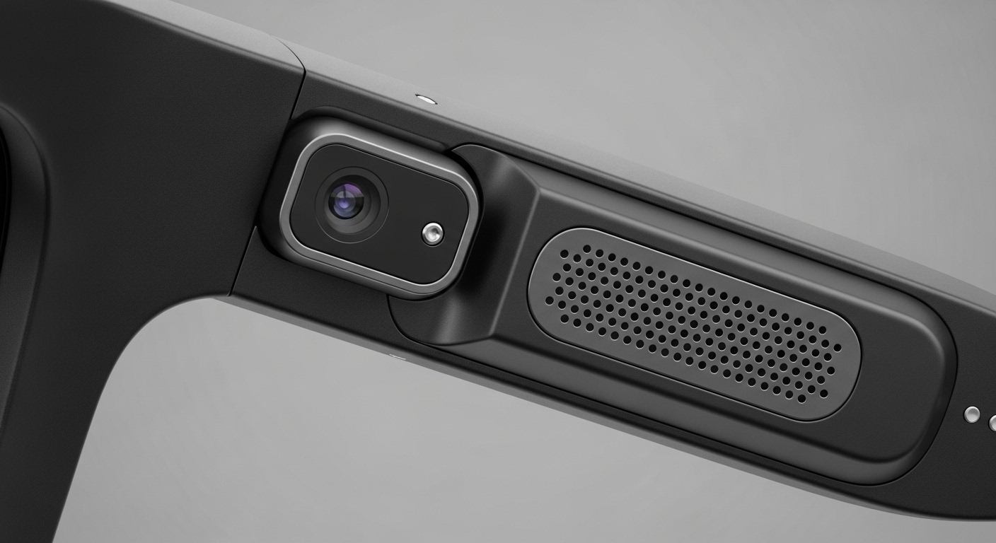 Close-up of smart glasses sensor and camera hardware