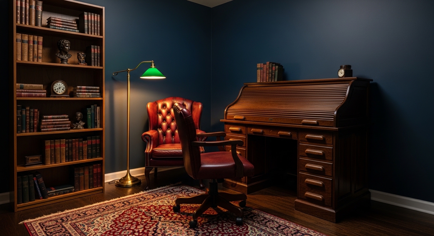 Dark academia office corner with roll-top desk, burgundy leather chair, and brass floor lamp