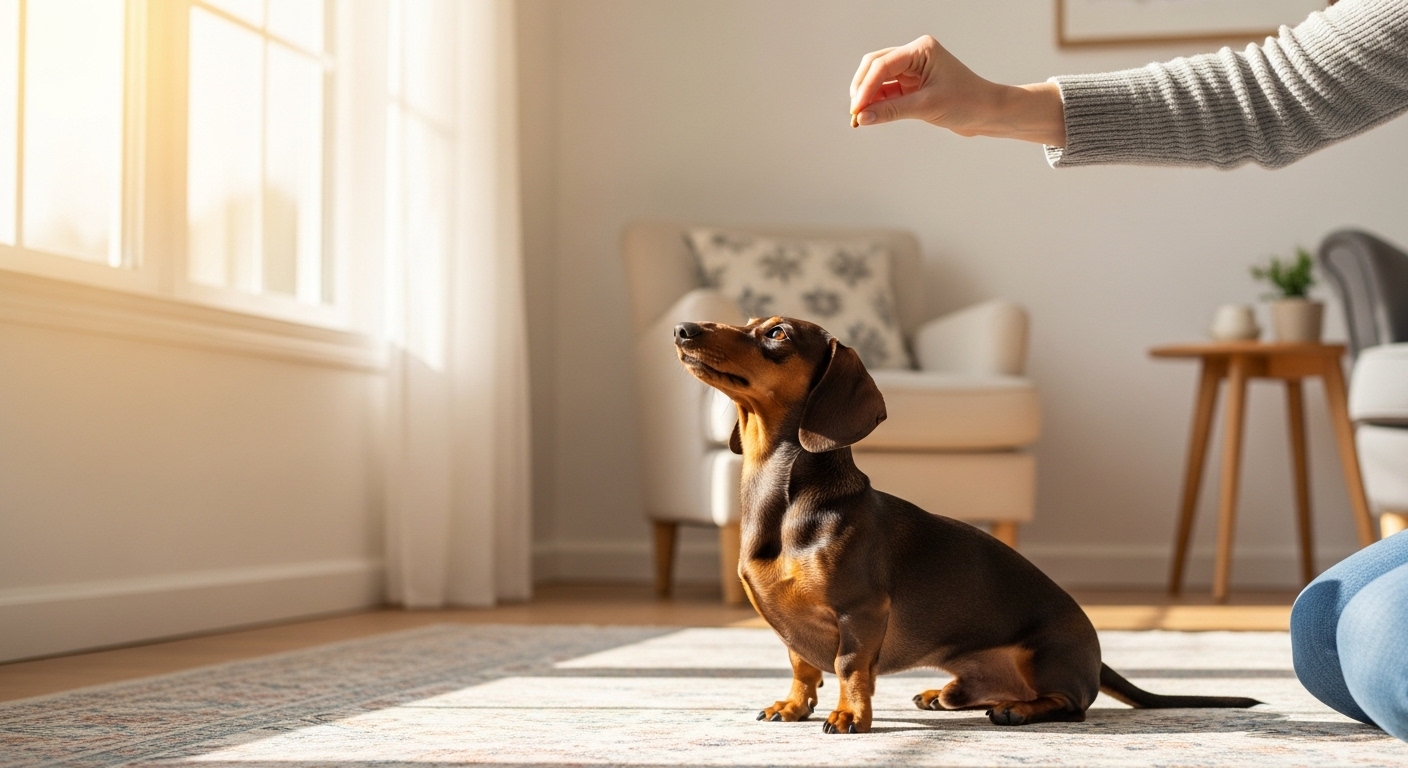 miniature Dachshund during indoor training session with treat reward