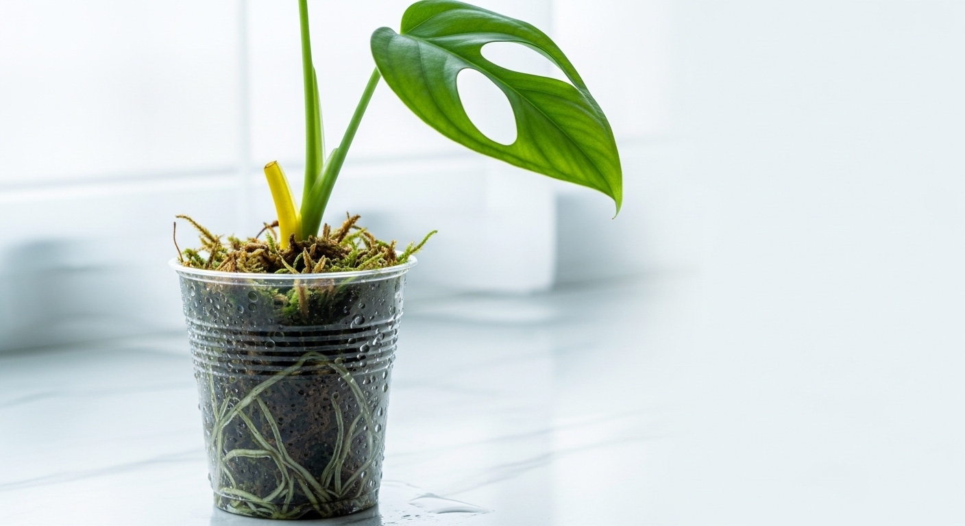 Monstera cutting rooting in moist sphagnum moss in a clear cup