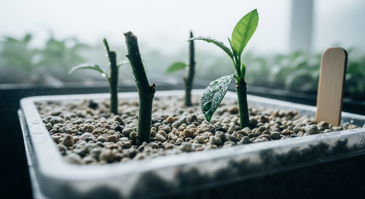 Stem cuttings inserted into perlite propagation mix in a tray
