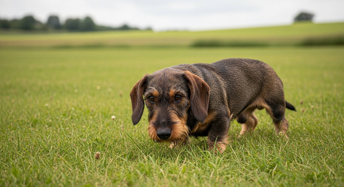 wirehaired Dachshund sniffing ground in a grassy field