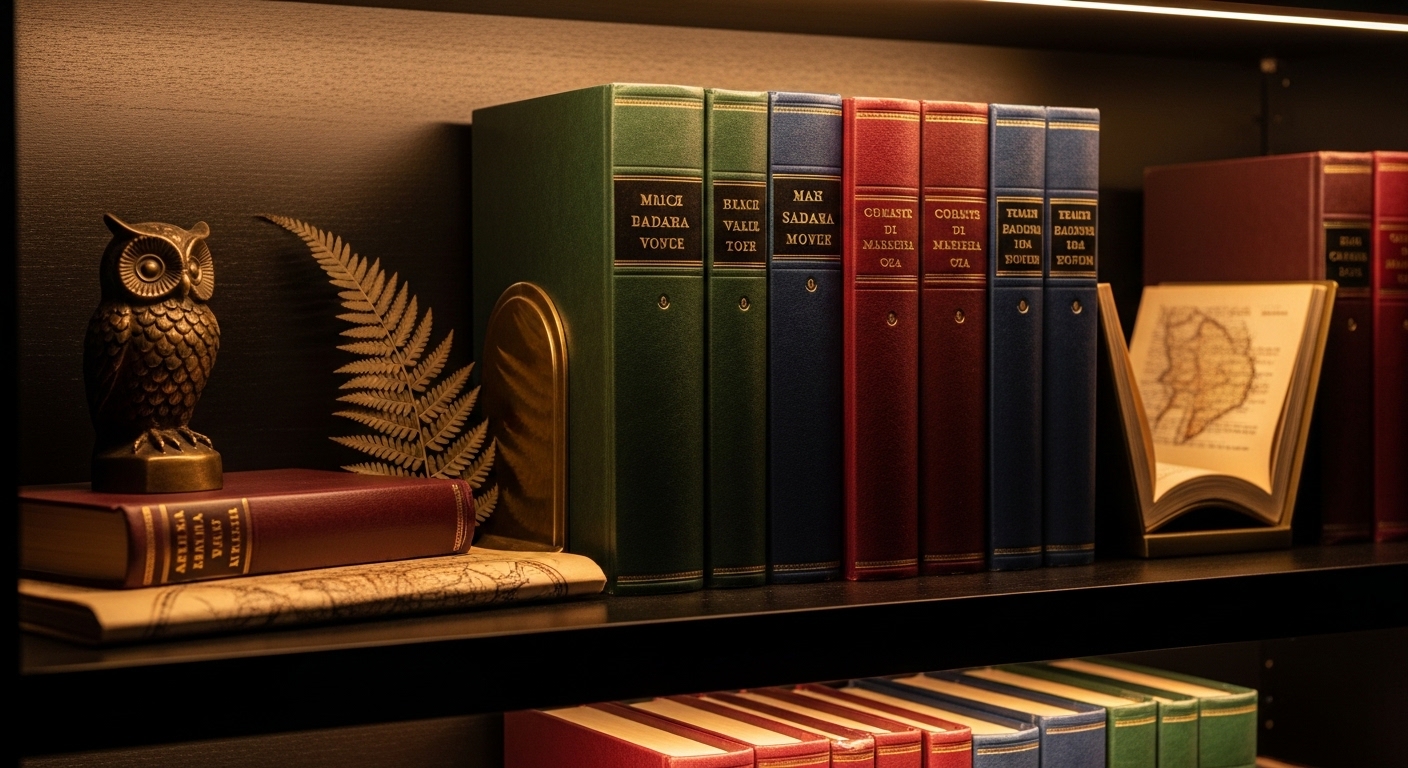 Close-up of dark academia bookshelf with leather books, bronze owl, and dried botanicals