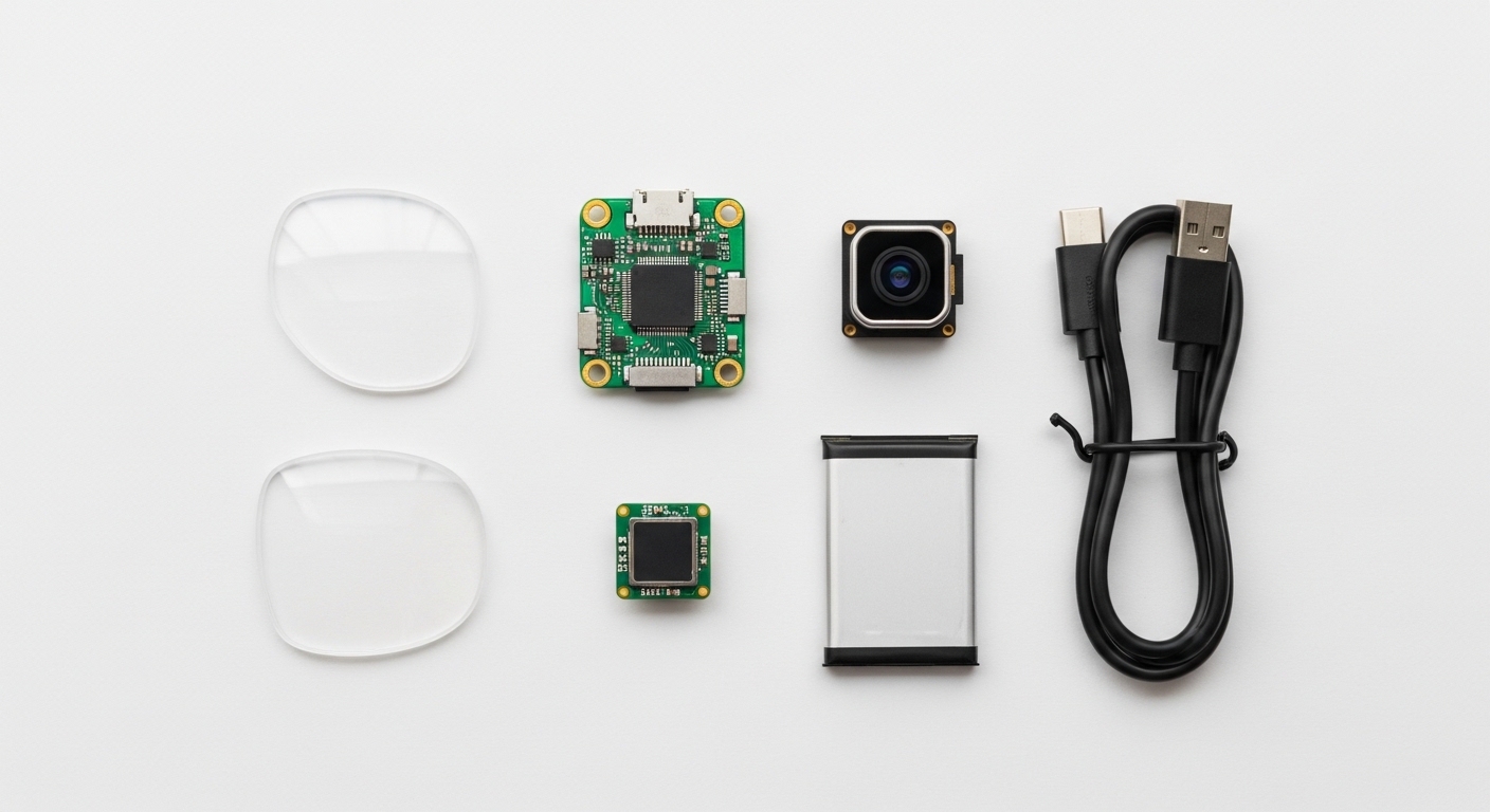 Smart glasses components laid out overhead view
