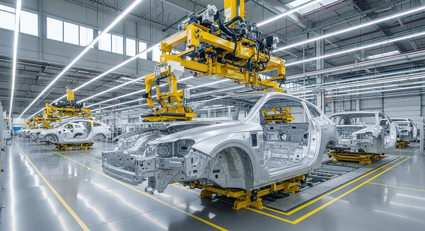 EV factory with megacast underbody on assembly line