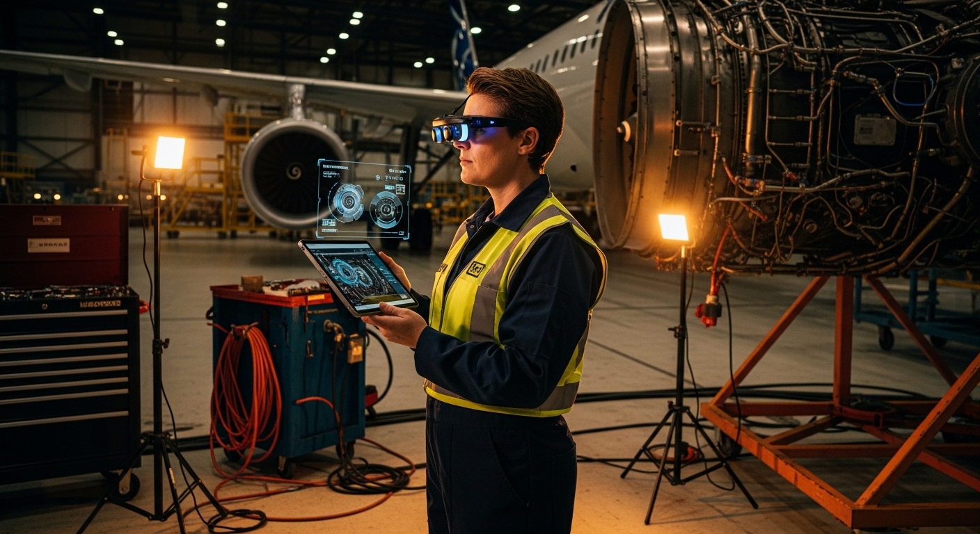 Technician using AR smart glasses in aircraft hangar