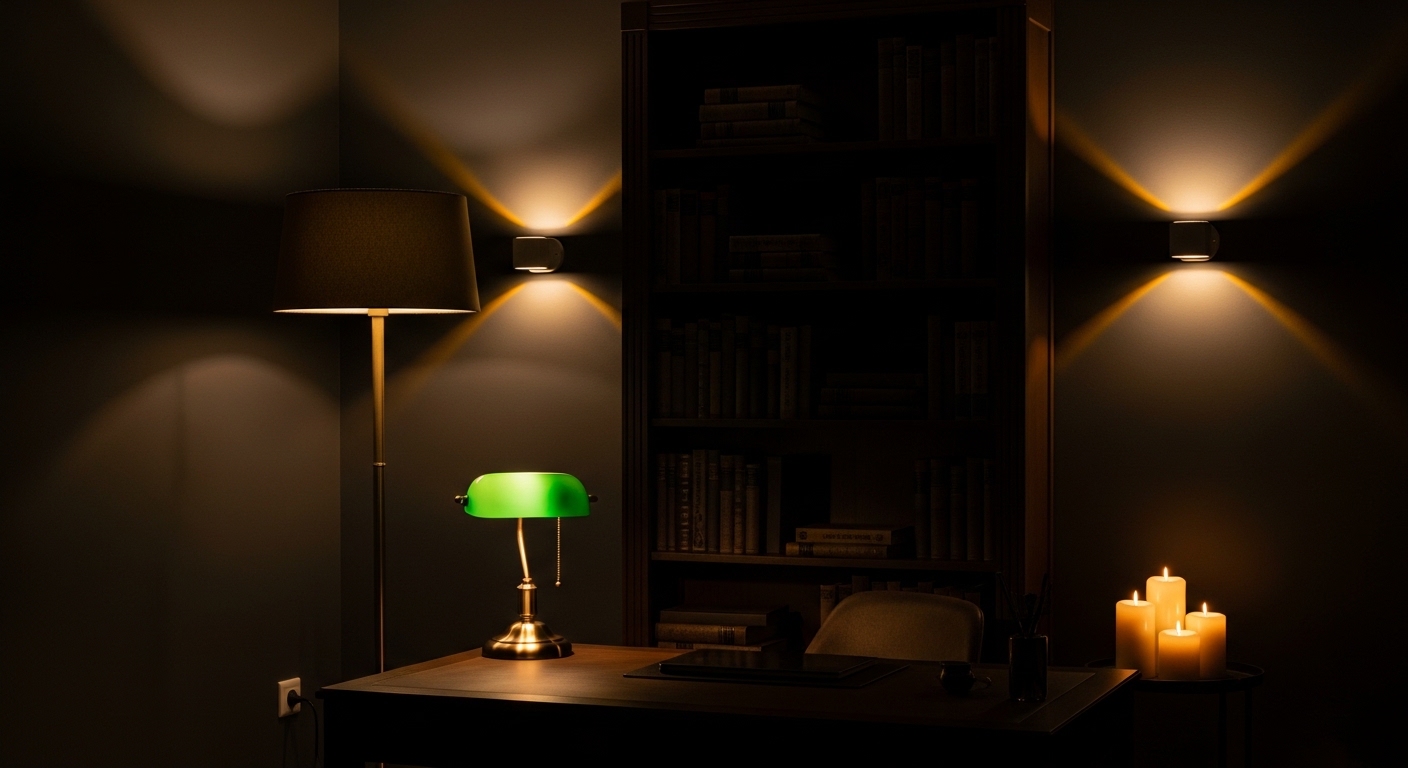 Dark academia office at night with layered brass lamps, wall sconces, and candlelight