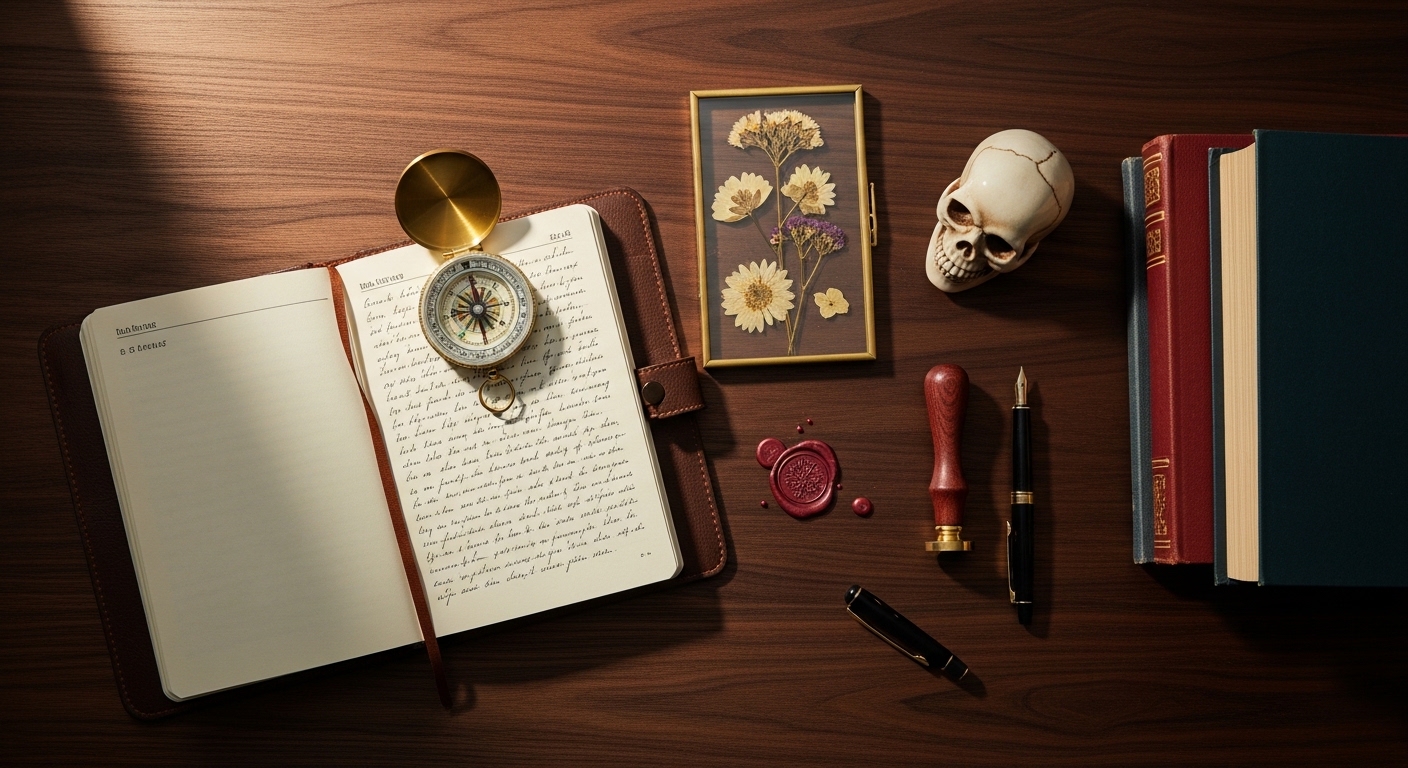 Overhead flat-lay of dark academia desk with brass compass, skull, and pressed flowers