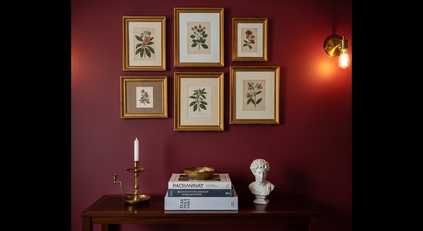 Oxblood accent wall with gold-framed botanical prints and brass candlestick console