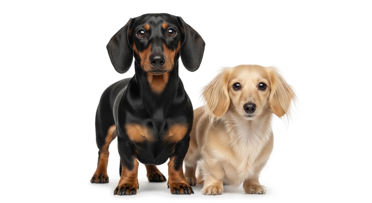 standard and miniature Dachshund showing size and coat contrast