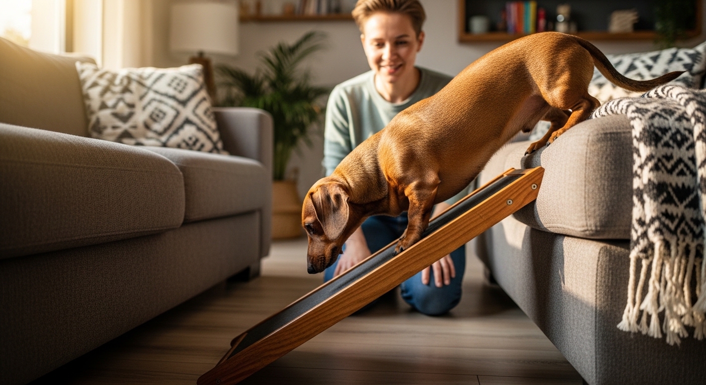 Dachshund using a ramp to descend from a sofa safely
