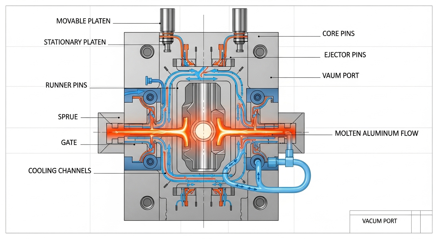 Cross-section diagram of die-casting mold process