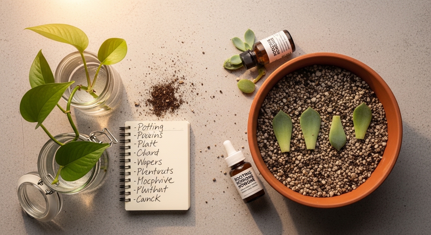 Propagation planning scene with water jar and succulent cuttings