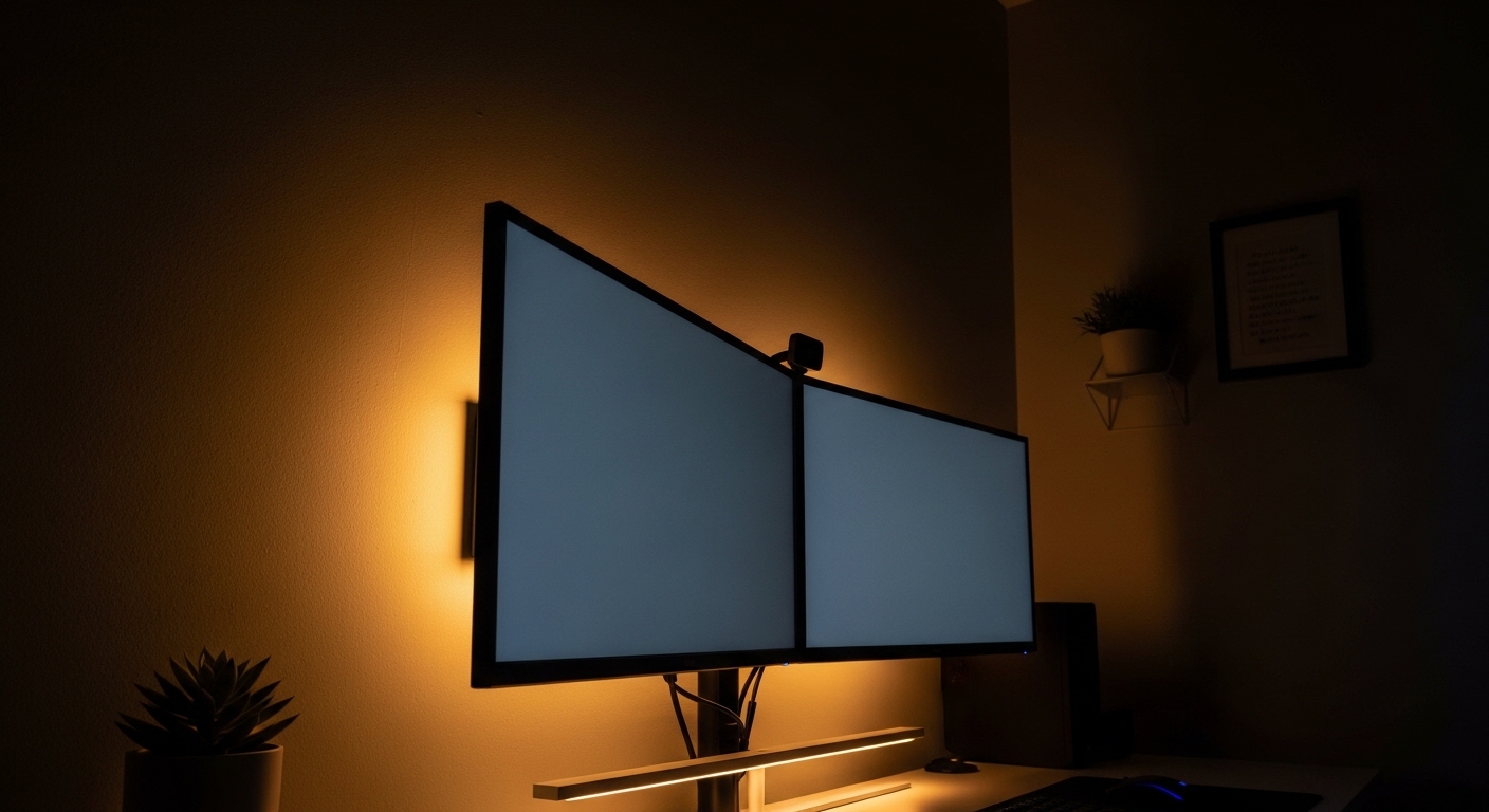 Dual monitor setup with warm bias lighting and monitor light bar at dusk
